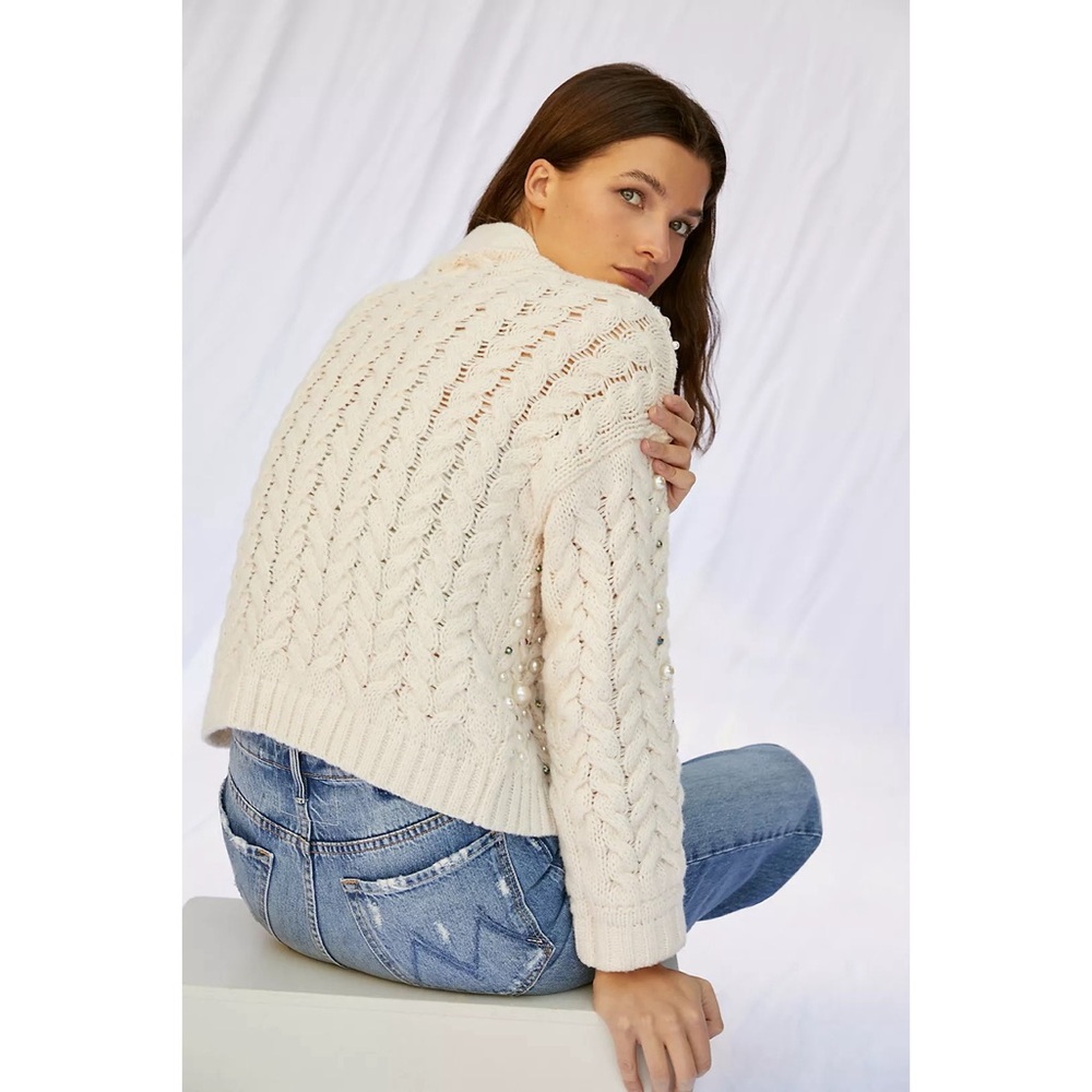 Anthropologie Maeve Embellished Cardigan One Size Cream Pearls - Picture 12 of 14